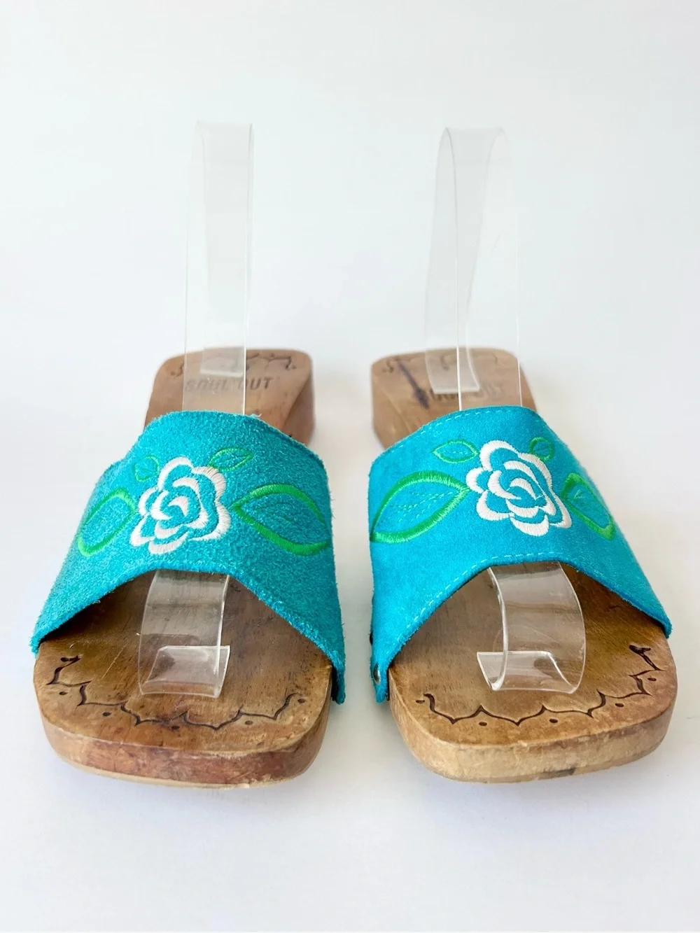 Soul Out Vintage 90s Turqoise Blue Suede Platform Wood Mule Slide Sandals 7.5